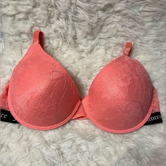 Juicy Couture Other - Juicy Couture Coral and Black 38DD padded push-up lace bra.